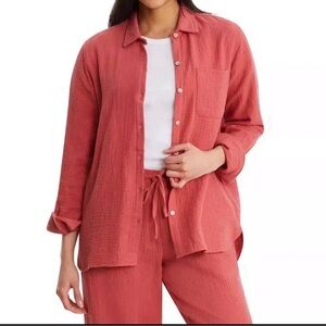 Jessica Simpson Shirt Womens L Gauze‎ Cotton Button Down Collard Swim Cover